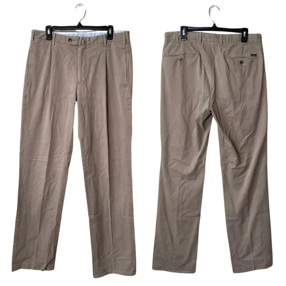 Faconnable Men's Size 35 Pleated Front Stretch Straight Leg Chino Khaki Pants - Picture 1 of 16